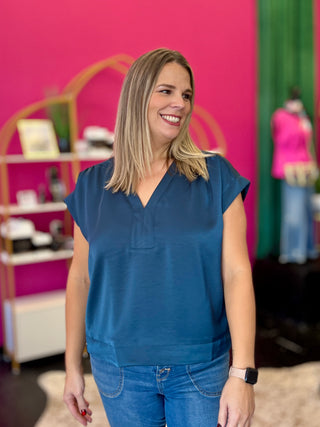 Teal Blue Satin VNeck Top