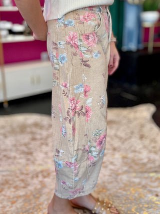 Side Seams of the Rose Garden Floral Denim Barrel Jeans
