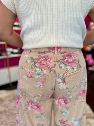 Rose Garden Floral Denim Barrel Jeans