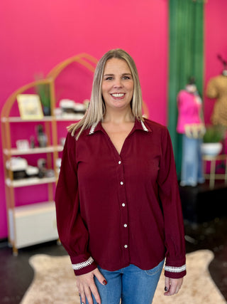 Burgundy Stitched Collar Button Up Top