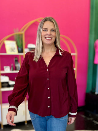 Burgundy Stitched Collar Button Up Top