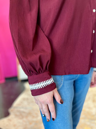Burgundy Stitched Collar Button Up Top