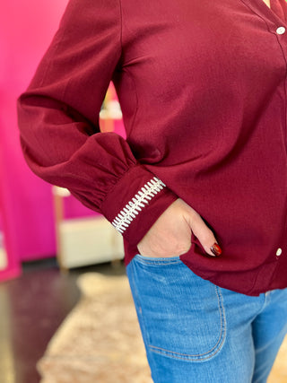 Burgundy Stitched Collar Button Up Top