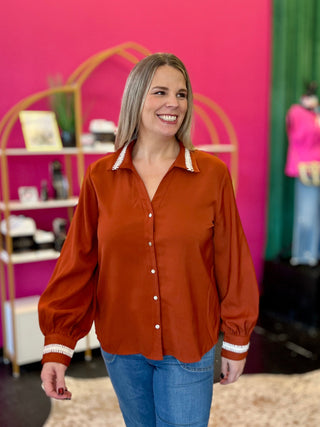 Rust Stitched Collar Button Up Top