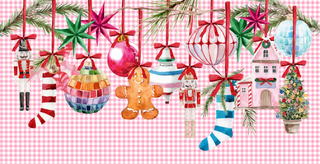 Decorative Christmas scene with ornaments on a pink checkered background