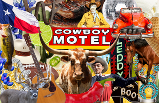 Collage with cowboy-themed elements including a 'Cowboy Motel' sign, American flag, guitar, and cow.