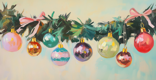 Decorative Christmas garland with colorful ornaments and ribbons on a light background