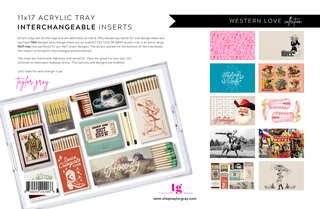 Acrylic tray with interchangeable inserts from Taylor Gray, featuring various designs.