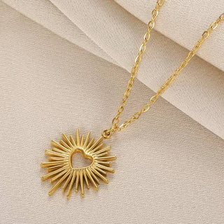 Gold Sun Burst Heart Necklace - Water Resistant