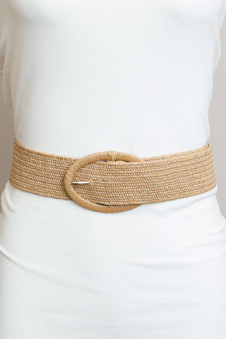 Tan Raffia Oval Buckle Stretchy Belt