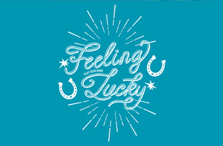 White text 'Feeling Lucky' with horseshoe symbols on a blue background