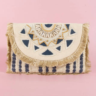 Straw & Navy Beaded Fringe Clutch