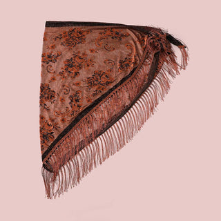 Brown Vintage Floral Fringe Triangular Shawl