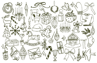 Collection of black line art Christmas illustrations on a white background