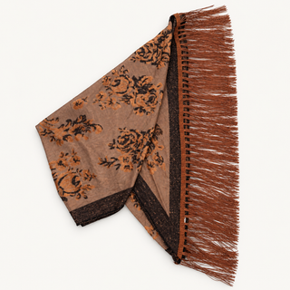 Brown Vintage Floral Fringe Triangular Shawl