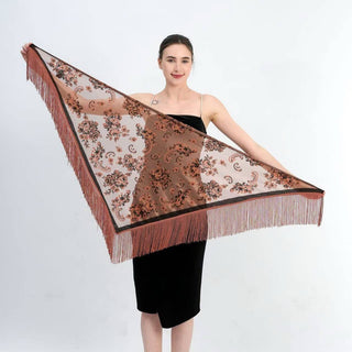 Brown Vintage Floral Fringe Triangular Shawl
