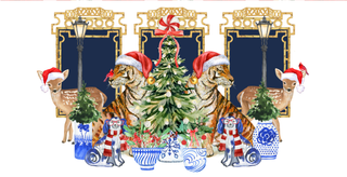  festive scene with animals and Christmas decorations on a blue background