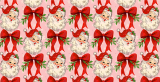 Pattern of Santa Claus faces and red bows on a pink background