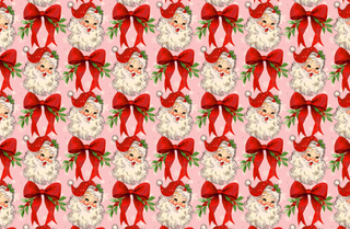 Pattern of Santa Claus faces with red bows on a pink background