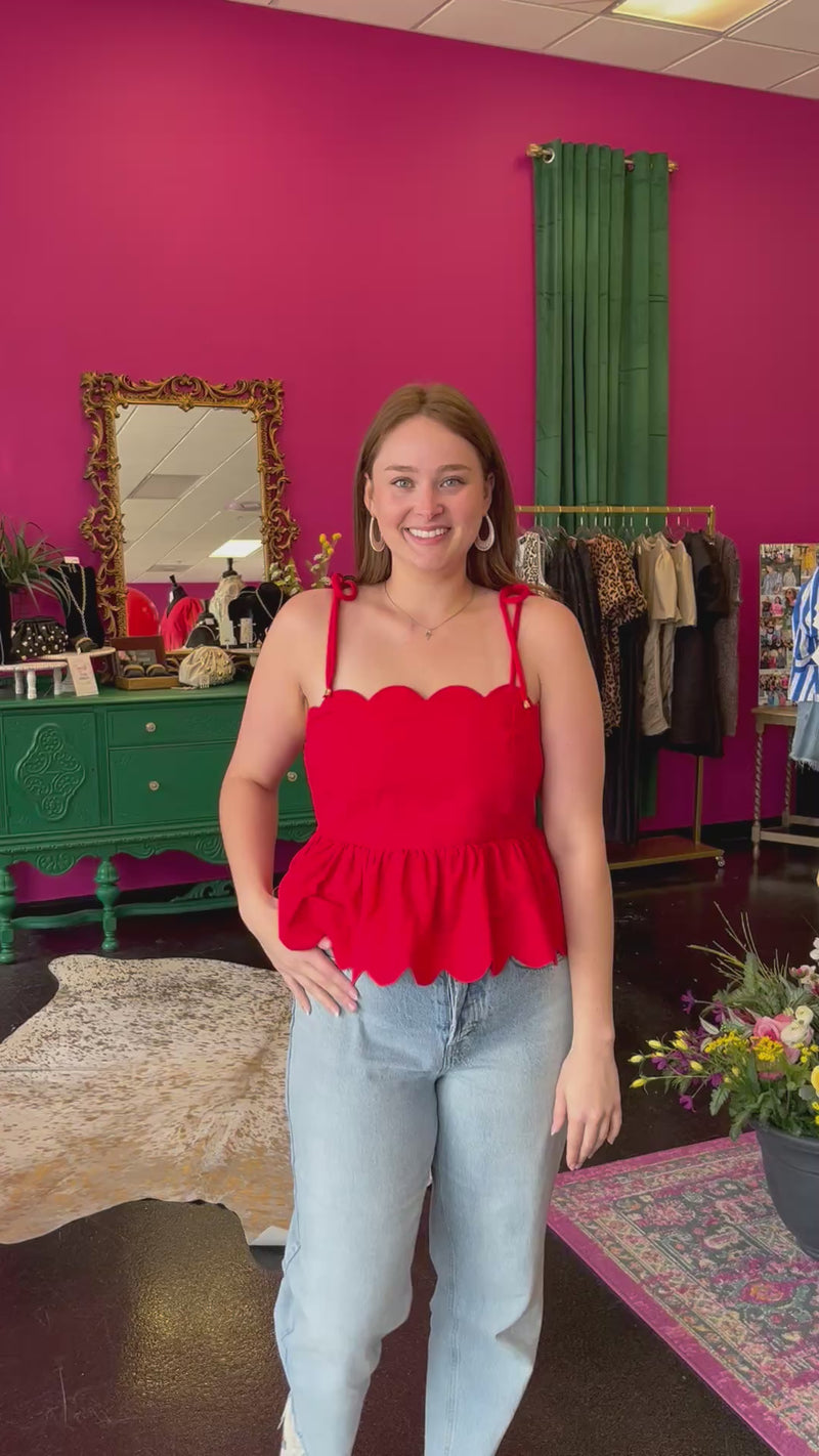 Red Scallop & Bow Back Top