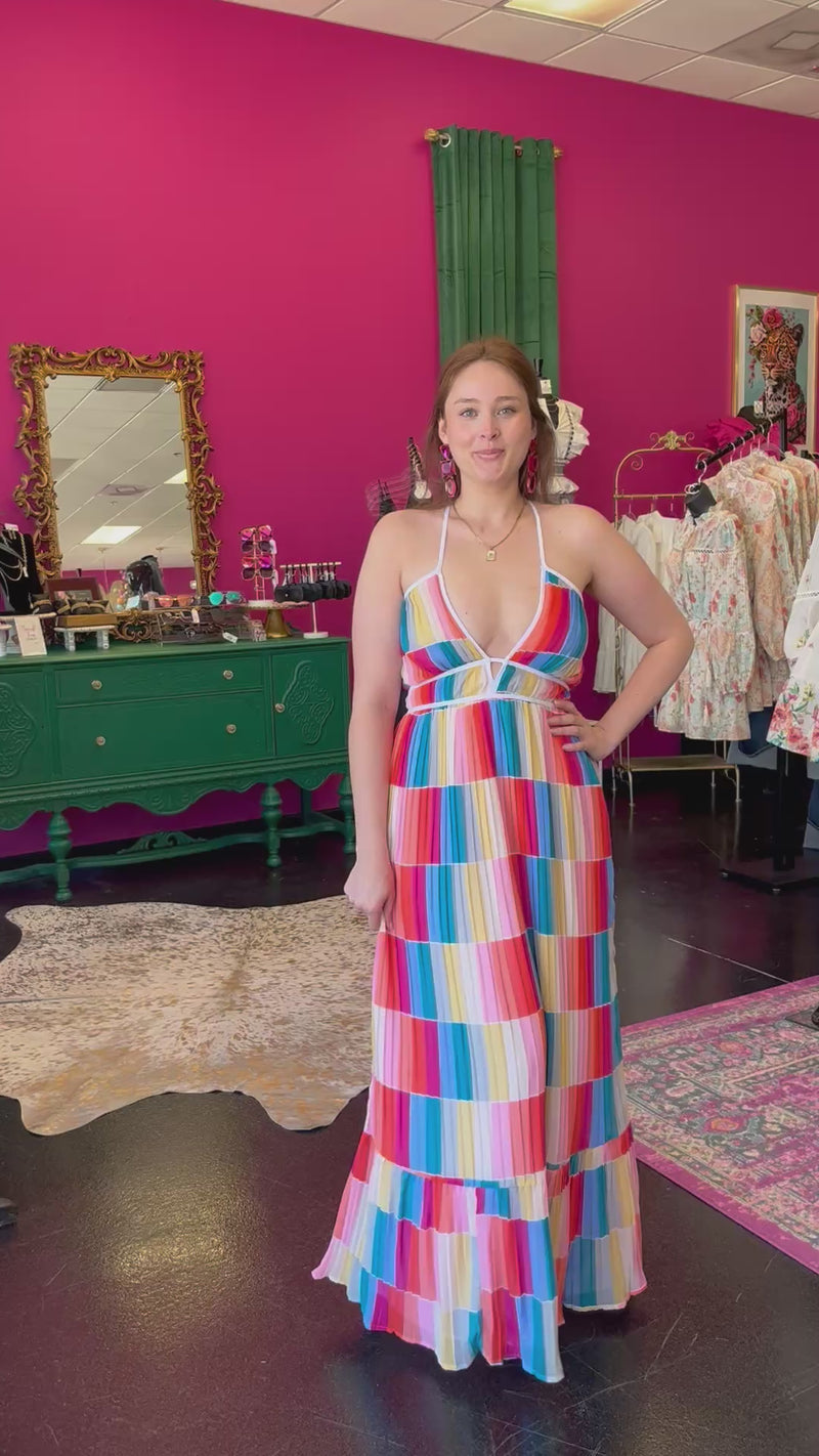 Rainbow Square Pleated Maxin Dress