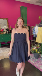 Navy Scallopped & Bow Back Dress