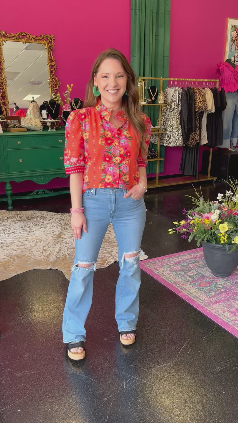 Orange Floral Button Up Top