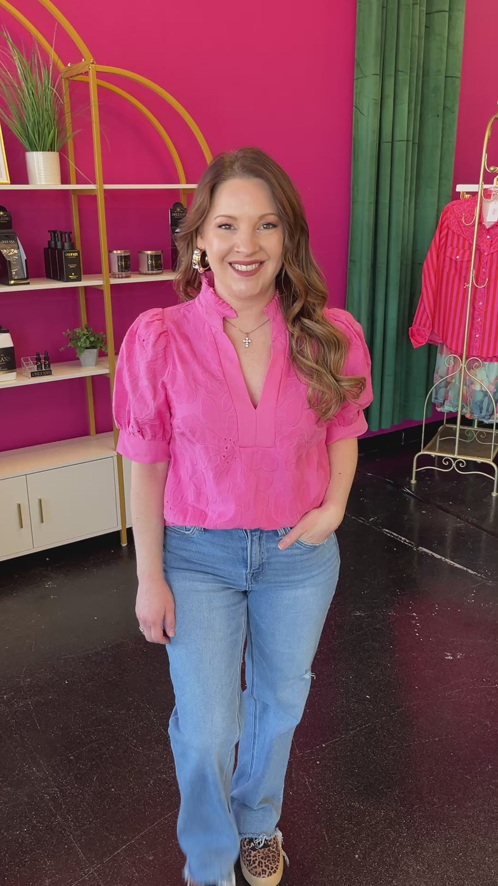 Bright Pink Solid Floral Embroidery Top