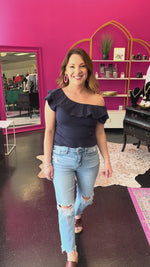 Navy Wide Ruffle Off Shoulder Top