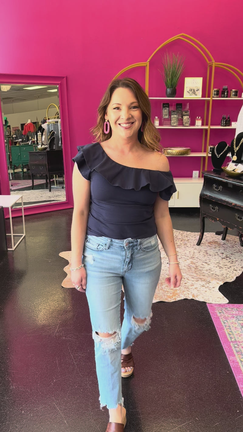 Navy Wide Ruffle Off Shoulder Top