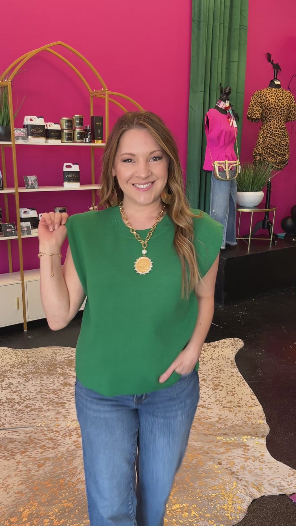 Video of lady wearing Evergreen Cap Sleeve Top: paired with Gold Coin Necklace and denim jeans 
