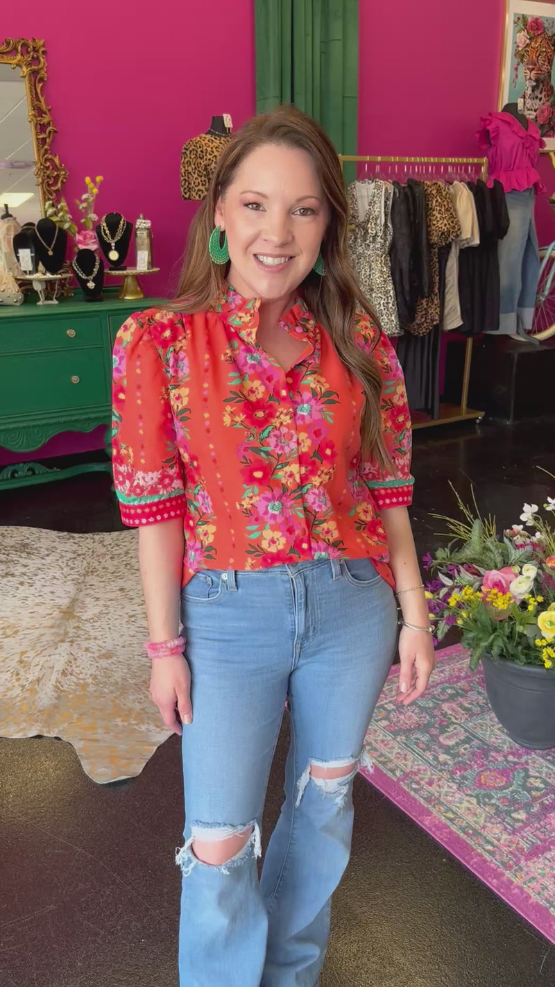 Orange Floral Button Up Top