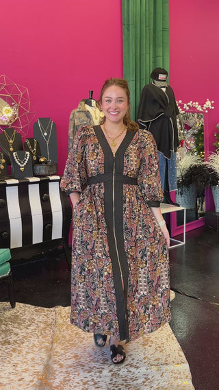 Black Paisley Print Midi Dress