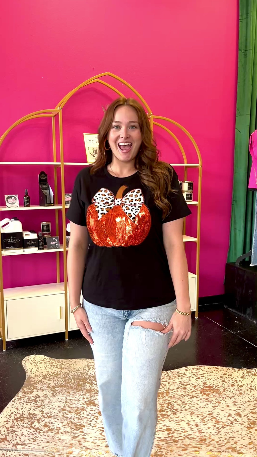 Sequin Pumpkin & Leopard Bow Black Top