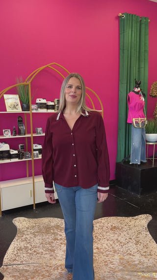 Burgundy Stitched Collar Button Up Top