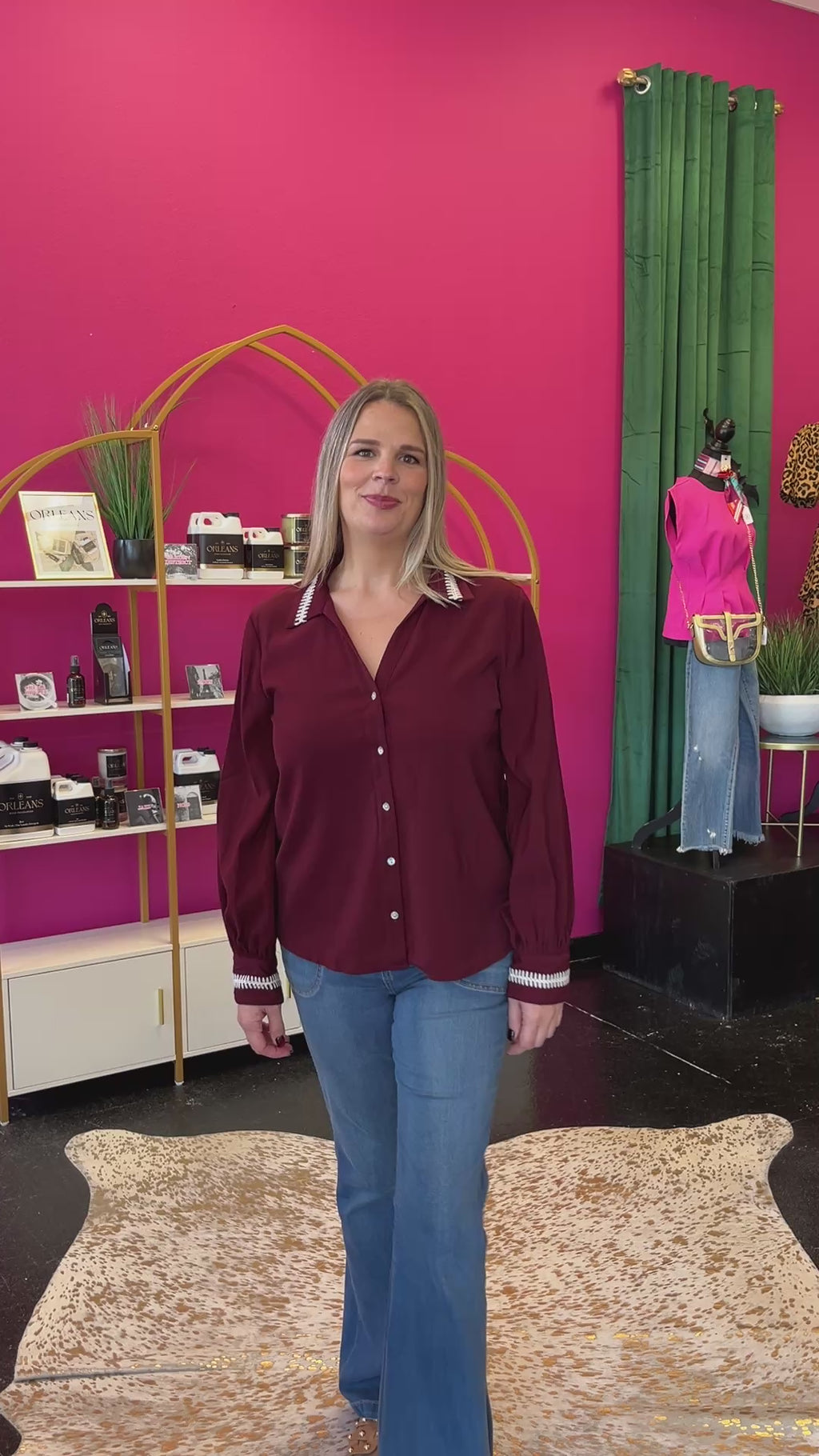 Burgundy Stitched Collar Button Up Top