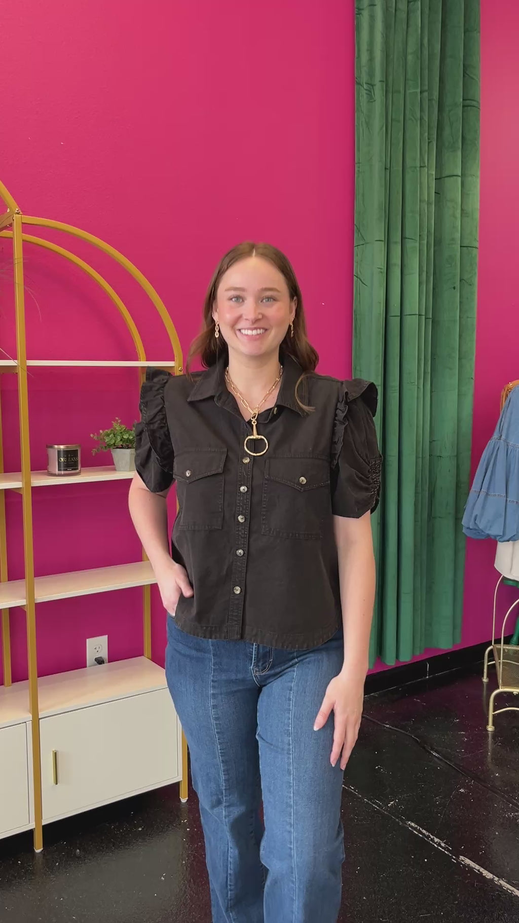 Black Mineral Wash Button Up Top