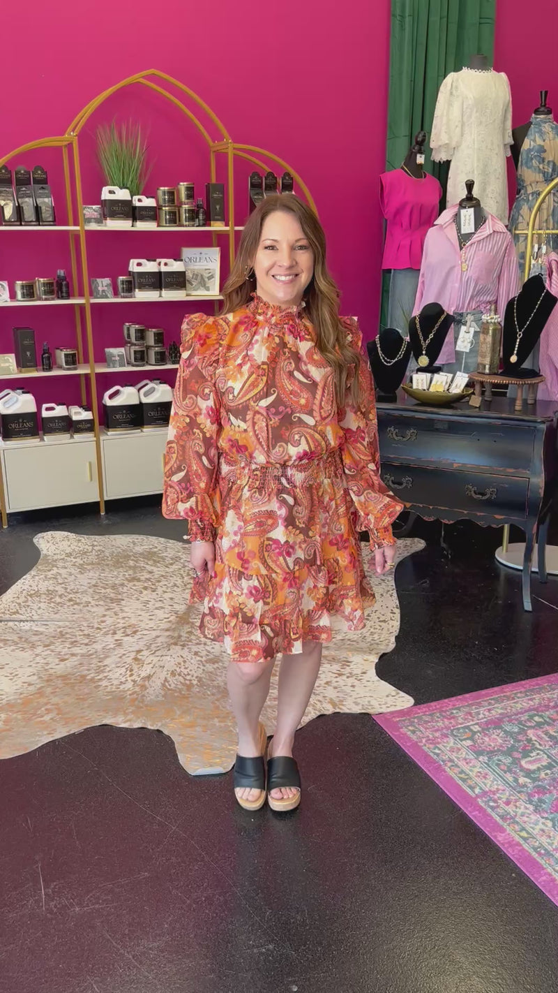 Brown Paisley Print Lurex Chiffon Dress