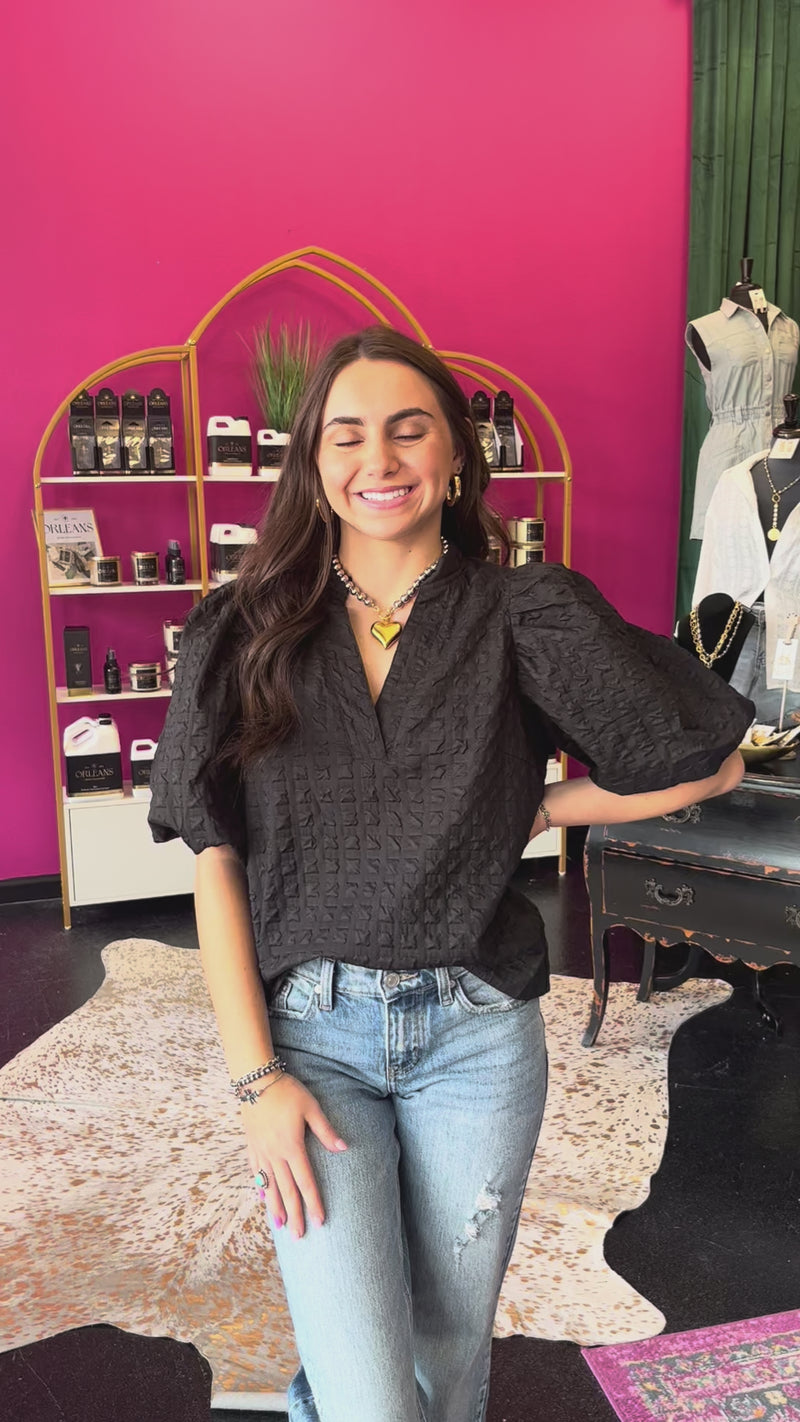 Black Textured Puff Sleeve Top