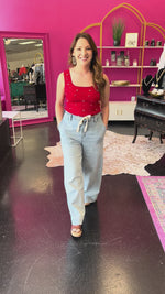 Denim Drawstring Wide Leg Jeans