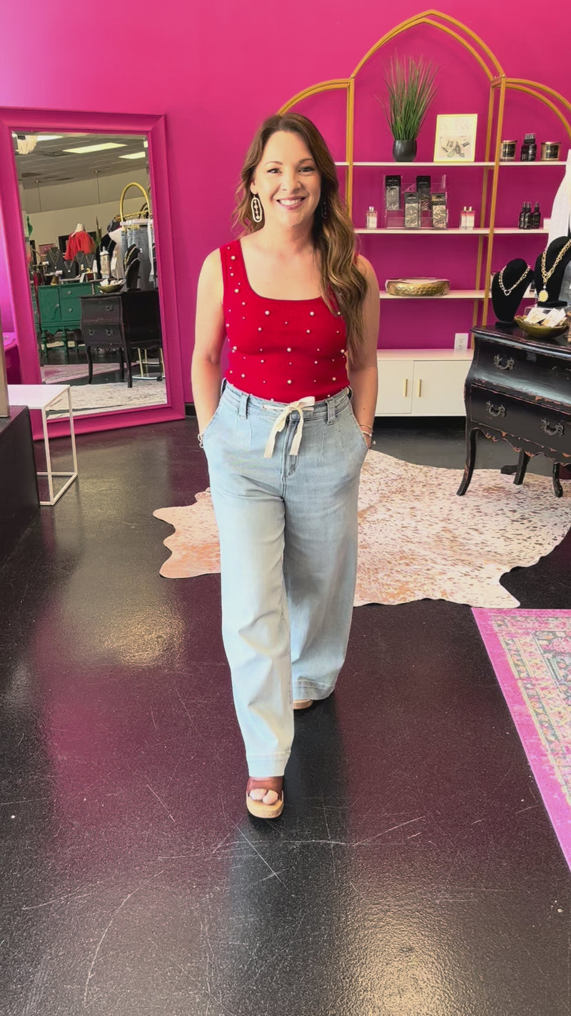 Denim Drawstring Wide Leg Jeans