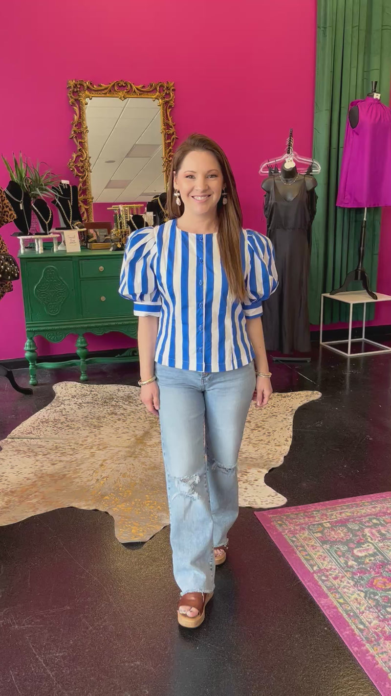 Royal Blue Striped Puff Sleeve Top