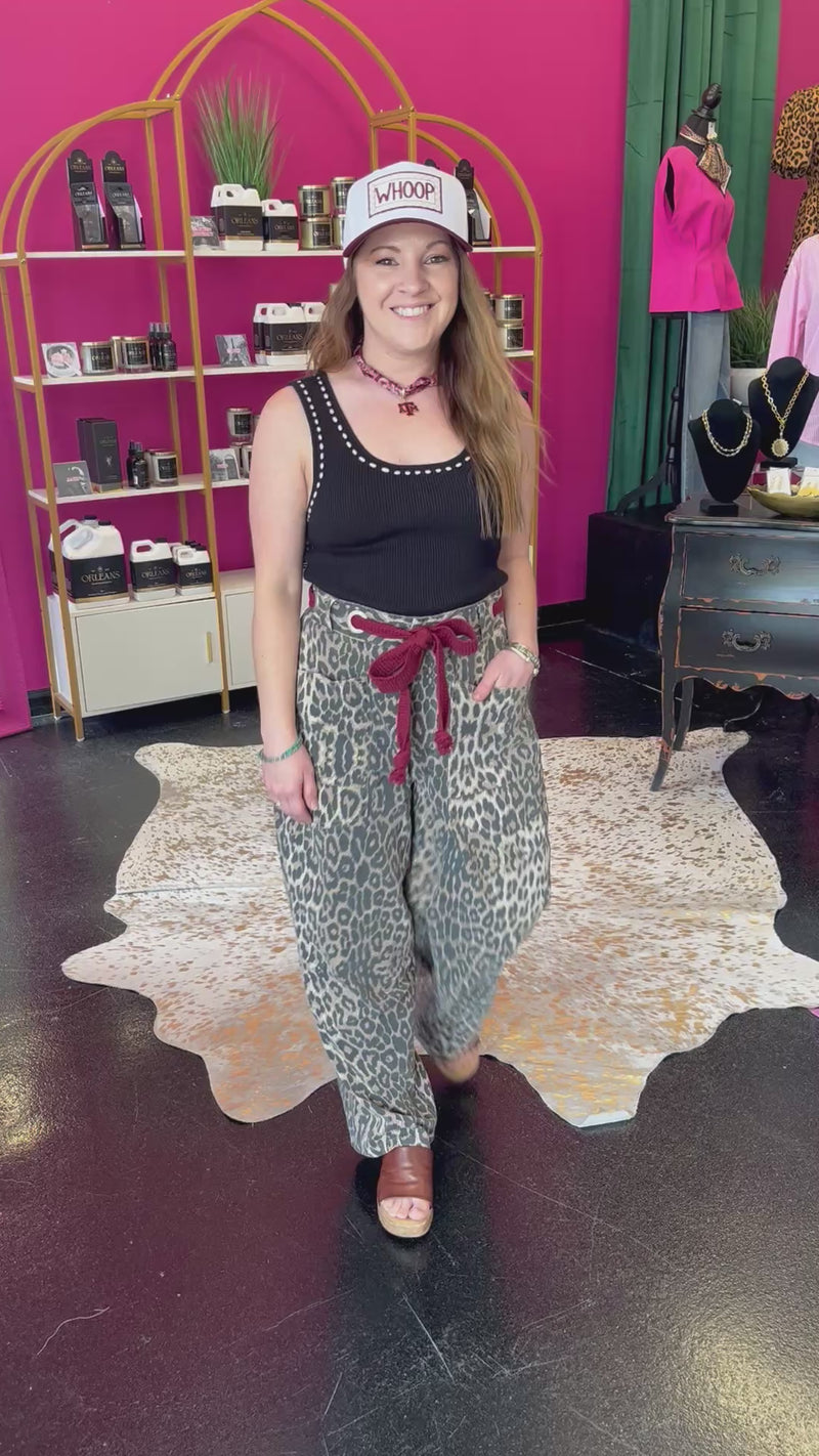 Leopard & Maroon Belt Barrel Jean
