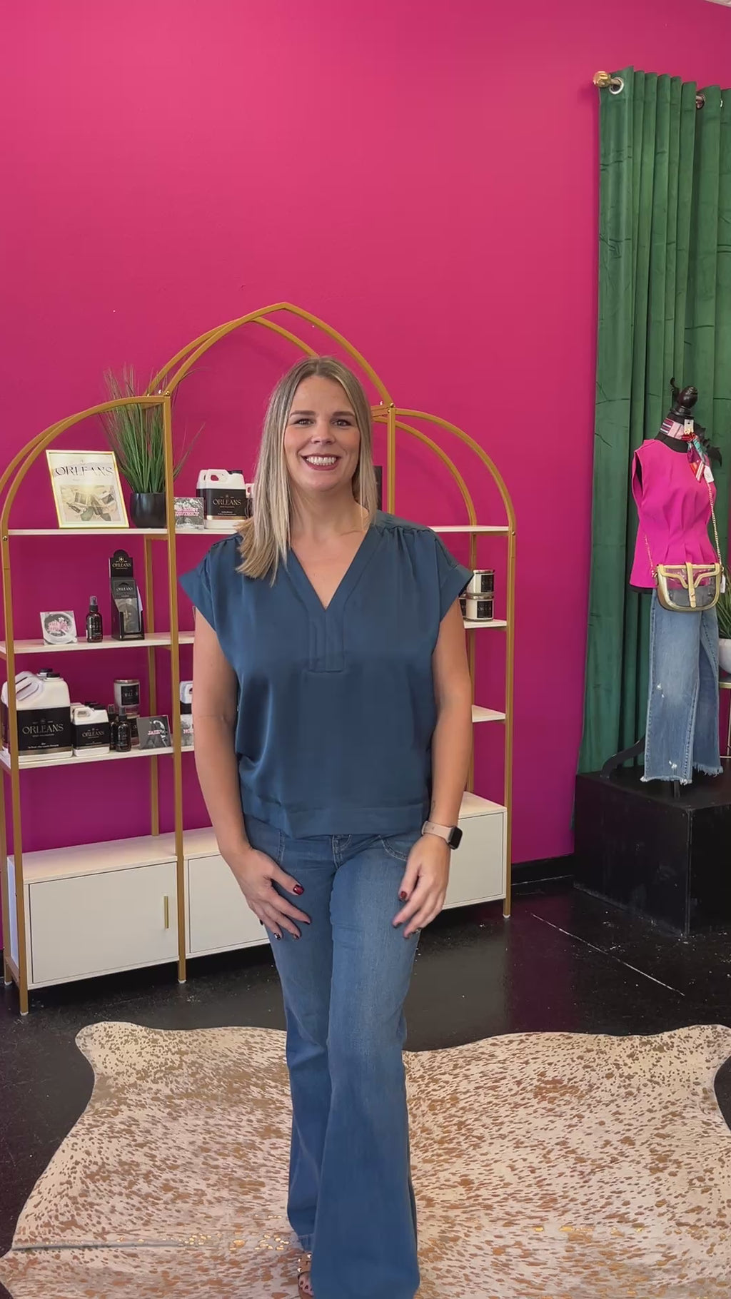 Teal Blue Satin VNeck Top