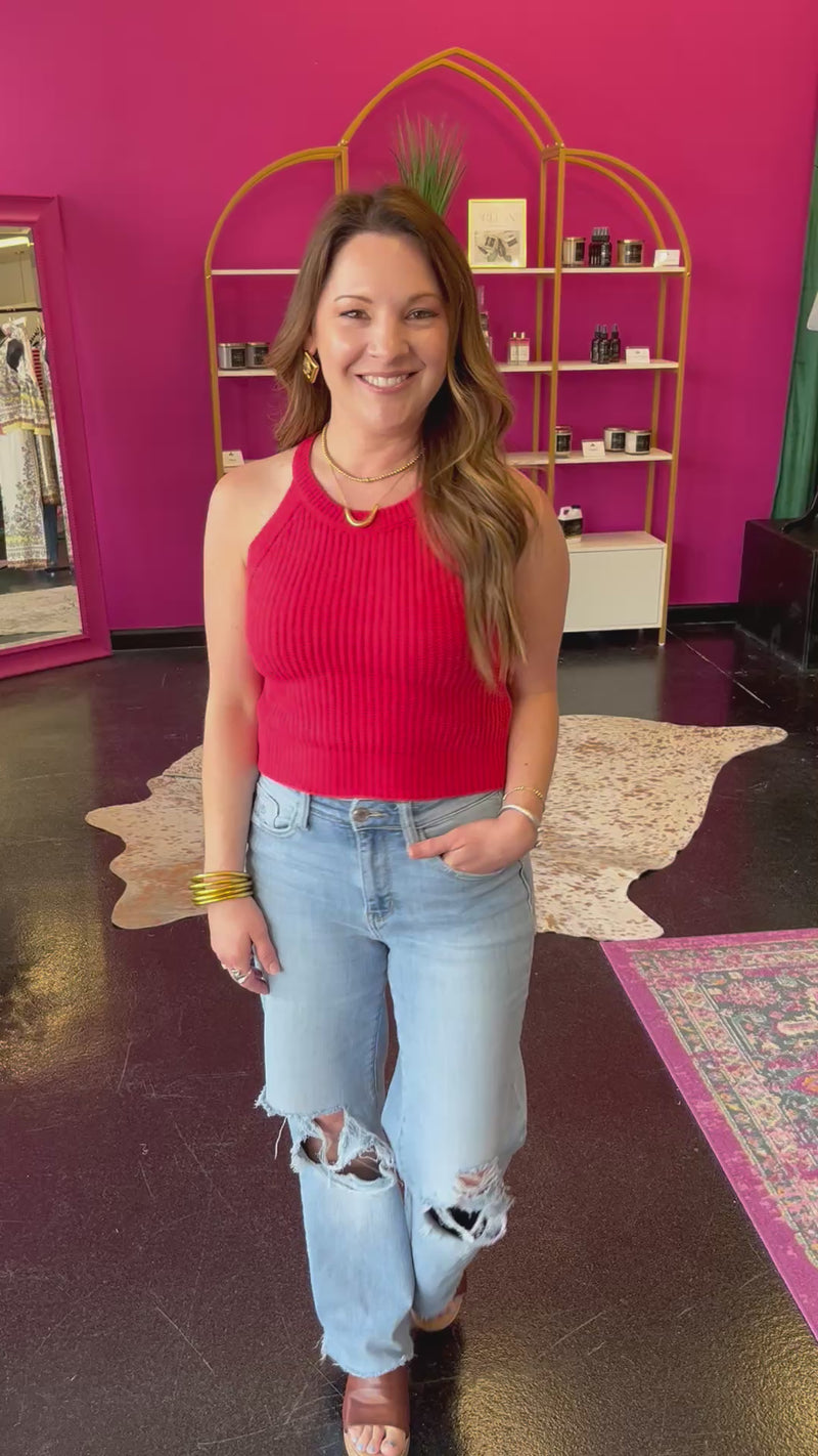 Red High Neck Sweater Top Top