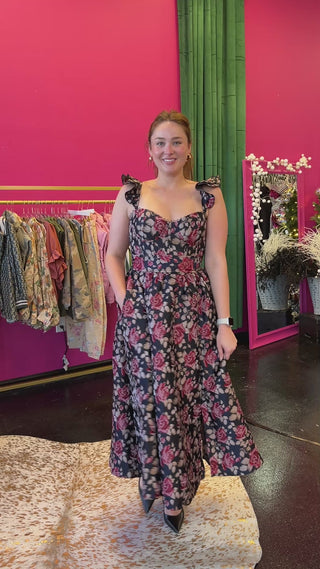 Navy Floral Print Midi Dress