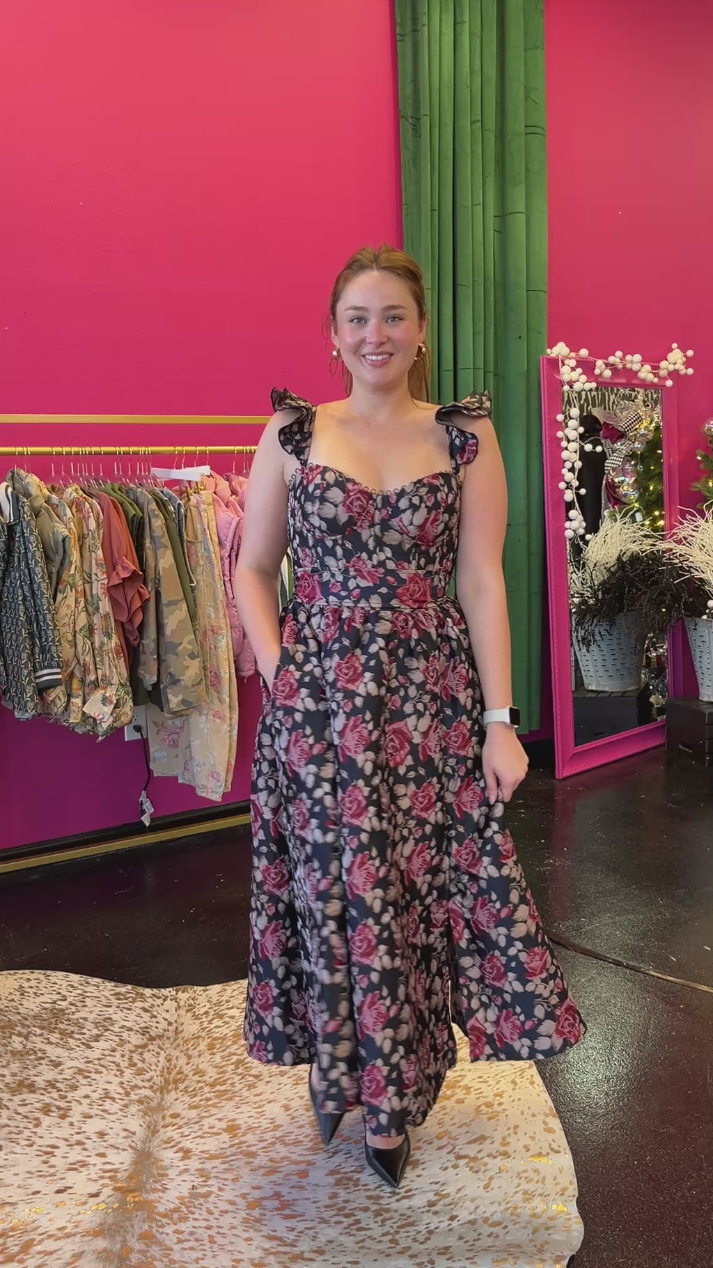 Navy Floral Print Midi Dress